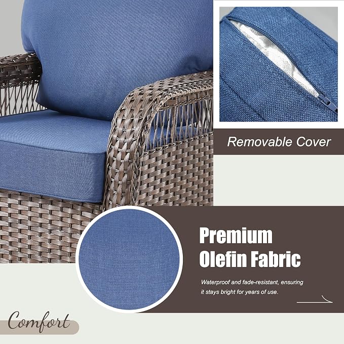 2 PCS Patio Swivel Rocking Chairs, Outdoor Wicker Furniture Set with 5-Inch Thick Olefin Cushions, 360° Swivel Rocker Patio Chairs for Garden, Porch, Backyard, Blue/Gray Wicker