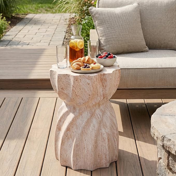 Merax 19.29" H Modern Outdoor Concrete Side Table, Patio End Table with Sculptural Fluted Design, Weather-Resistant Hourglass Shape Accent Table for Garden, Balcony & Poolside, Beige Marble