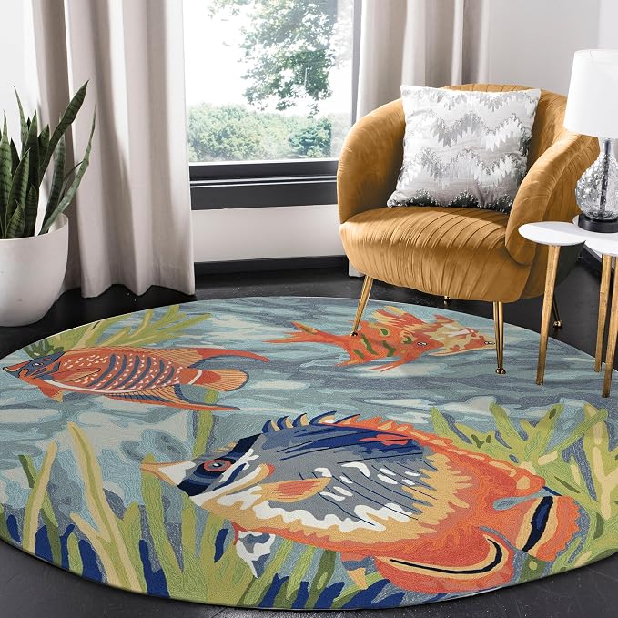 Liora Manne Ravella Coastal Tropical Fish Indoor/Outdoor Round Rug, 8', Blue