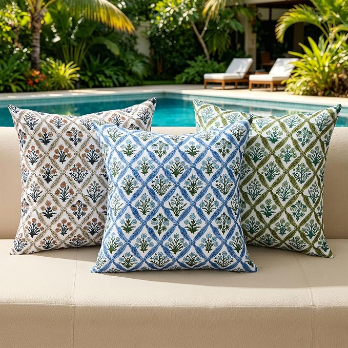 Allorry Floral Outdoor Pillow Covers 18x18 Blue Outdoor Waterproof Decor | Set of 2 Vintage Floral Block Print Pillow Cover,Farmhouse Boho Decorative for Spring Summer Outdoor Sofa Bedroom Decor