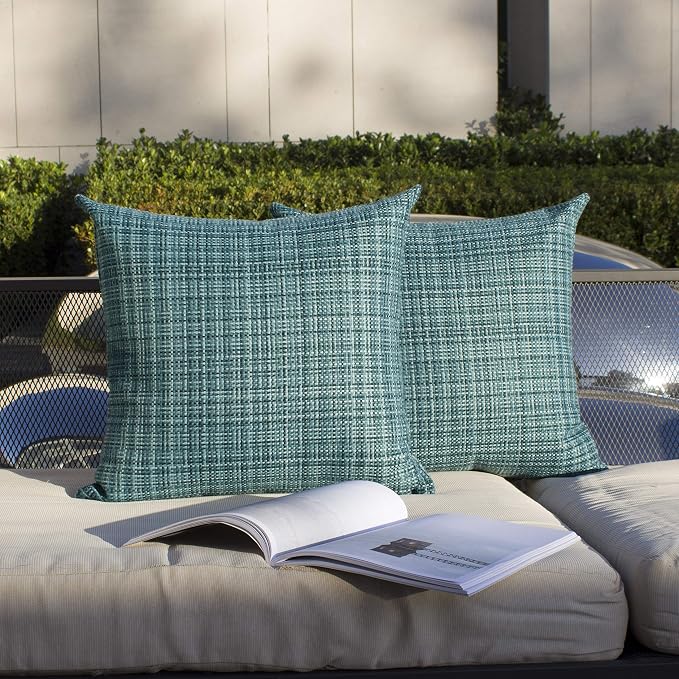 Kevin Textile Outdoor Waterproof 26x26 Inch Pillow Covers 2 Pack, Teal | Water Resistant, Faux Linen Yarn-dyed, Woven Texture Euro Throw Pillow Covers for Tent Patio Garden Couch Sofa
