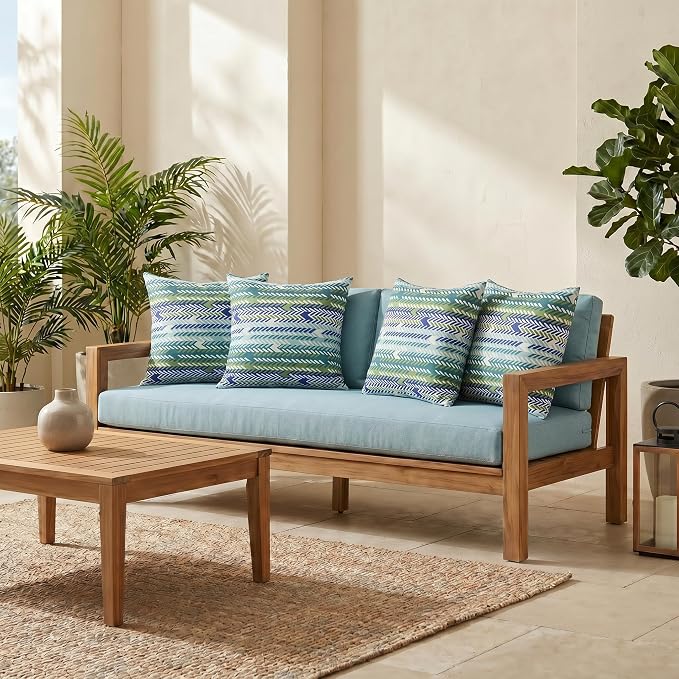 RSH DECOR: Sunbrella Square Throw Pillows Set of 4 | 20" x 20" | Water and Fade-Resistant Performance Fabric | Outdoor Pillow Covers with Down-Alternative Inserts | Made in USA (Escape Sky)