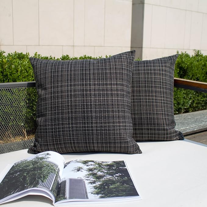 Kevin Textile Outdoor Waterproof 24x24 Inch Pillow Covers 2 Pack, Black | Water Resistant, Faux Linen Yarn-dyed, Woven Texture Euro Throw Pillow Covers for Tent Patio Garden Couch Sofa