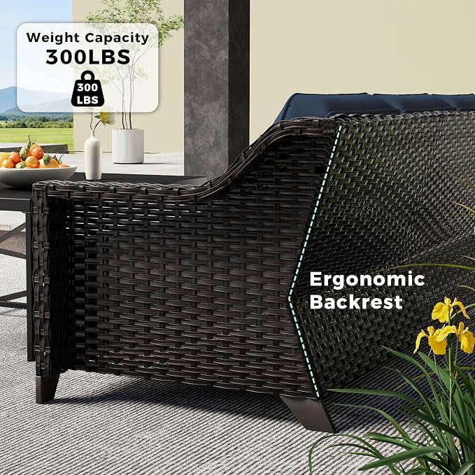 5 Pieces Patio Conversation Furniture Set - 1 Sofa, 2 Armchairs, 2 Swivel Chairs, Outdoor Wicker Furniture with Removable Cushions for Porch, Balcony, Sunroom (Blue)