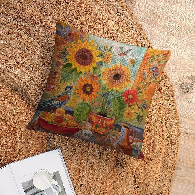 Throw Pillowcase Colorful Painting of Sunflowers Cushion Case 16"x16" Vintage Sunflower Decorations Pillow Covers Cushion Case for Sofa Couch Decorative Cutton Linen Cushion Cases