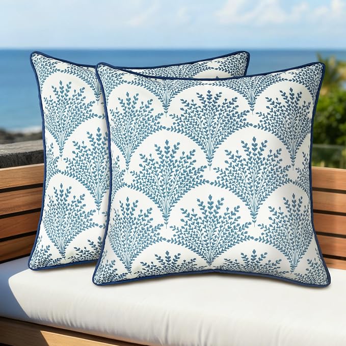 Outdoor Pillow Covers 18x18 Inch, Water-Resistant Decorative Pillow Covers Pack of 2, Floral Throw Pillow Case for Patio Furniture Tent Garden, Blue Feathered Flower with Blue Edge, Cover ONLY