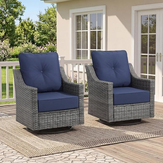 2 Piece Patio Furniture Set, Outdoor Swivel Rocker Chairs Set of 2, Grey Wicker Conversation Chairs with 6-Inch Thick Cushions, High Back Seating, Blue Olefin Covers for Porch, Deck