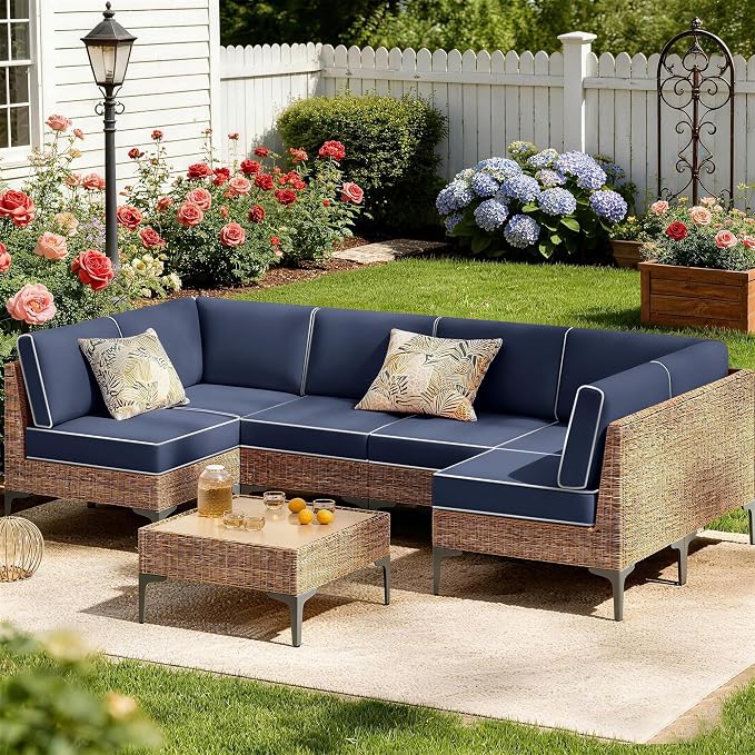 14pc Waterproof Outdoor Couch Cushions for 6Seat Patio NavyBlue+WhitePiping | Water-resistant, UV-resistant,14pc High-Density Foam Replacement Cushions for 6-Seat Outdoor Sectional Furniture