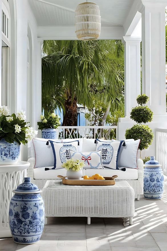 Hofdeco Premium Coastal Hampton Patio Indoor Outdoor Throw Pillow Cover Only, 20"x20" Water Repellent for Backyard, Couch, Poolside, Navy Blue Embroidered Happiness Chinoiserie Vase