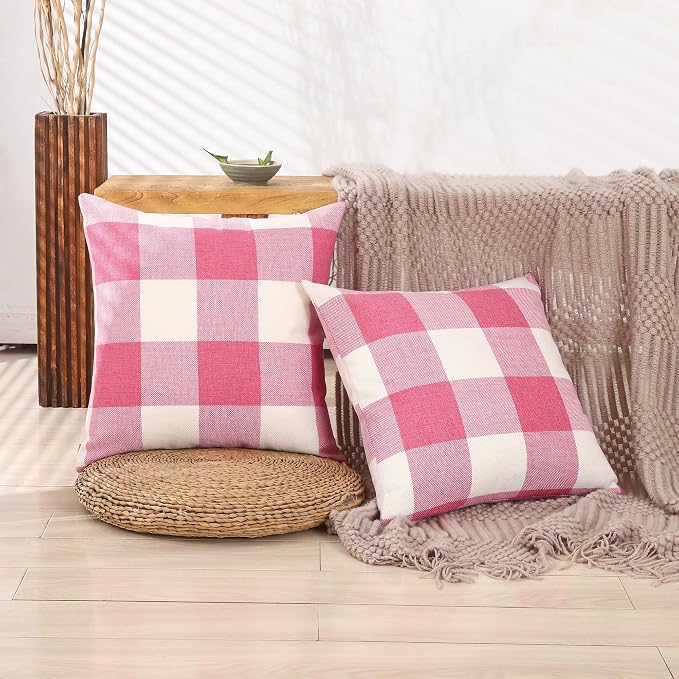 CARRIE HOME Pink and White Buffalo Check Plaid Throw Pillow Covers 16x16 Set of 2 Modern Farmhouse Decorative Accent Pillows 16 x 16 Pink Room Decorations for Bed Couch and Sofa