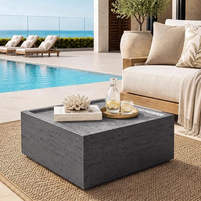 UPHA 28" Square Outdoor Coffee Table, Modern Hollow Concrete Patio Table, Small Minimalist Low Accent Table for Living Room, Balcony, Deck, Backyard, Dark Gray