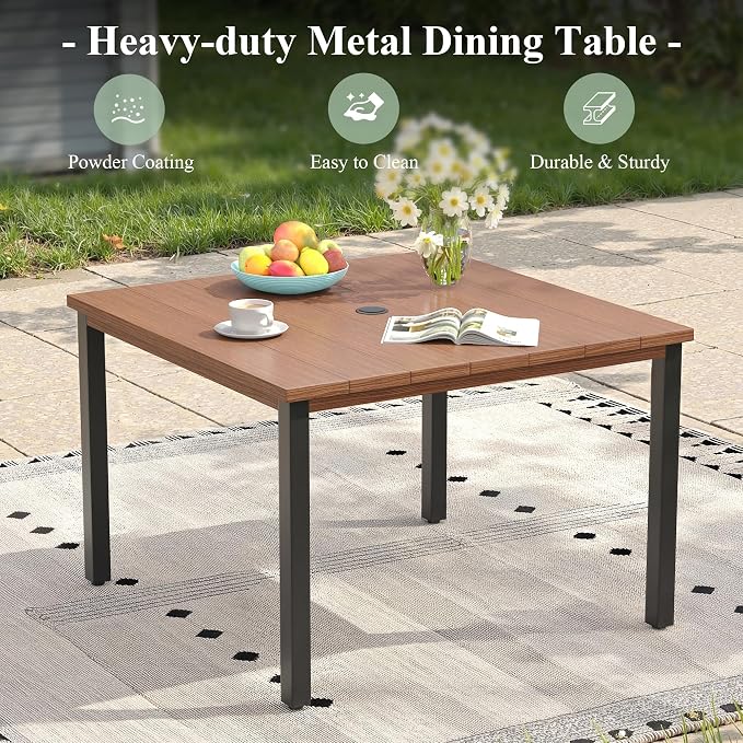Patio Dining Set for 4, 40.2" Outdoor Dining Table and Chairs Set with Stackable Patio Chairs Outdoor Furniture for Garden Deck Backyard, Walnut Table and Black Chairs