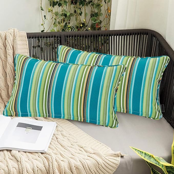 FUNHOME Outdoor Lumbar Pillow with Insert 12x20 Inch Pack of 2-Green Stripe | Outdoor Pillows for Patio Furniture, Water-Repellent, Decorative Garden Pillows for Home Patio Coach Sofa Use