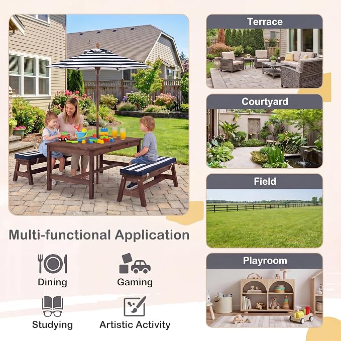 HONEY JOY Kids Picnic Table, Large 42” x 23” Tabletop, Fir Wood Toddler Outdoor Table & Bench Set w/Removable Cushions & Umbrella, Children Backyard Furniture for Patio Garden, Seats for 4 (Blue)