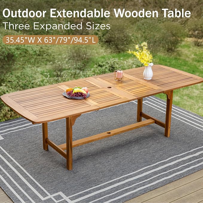 PHI VILLA 7pc Outdoor Dining Set, Expandable Wood Table w/Umbrella Hole | Acacia wood teak patio furniture set for 6. Perfect for patio, deck, porch, backyard. Chairs with cushions.
