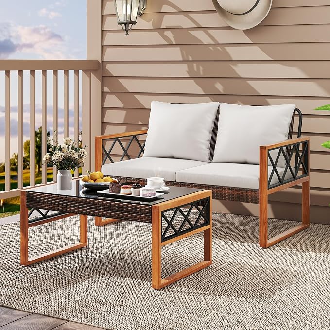 HAPPYGRILL 2 Pieces Patio Furniture Set, PE Rattan Loveseat and Coffee Table Set with Cushions & Tempered Glass Tabletop, Acacia Wood Outdoor Conversation Set for Balcony, Backyard & Poolside