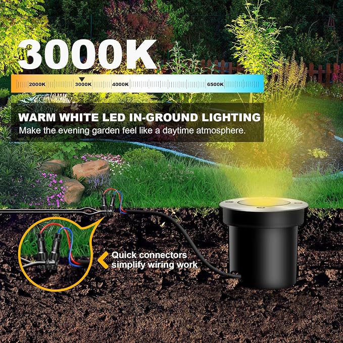 8Pack Low Voltage Landscape Lights with Connectors 3W LED 12-24V In-Ground Lights IP67 Waterproof Garden Lighting 3000K Outdoor Decorative Lights for Yard Pathway Patio (Warm White)