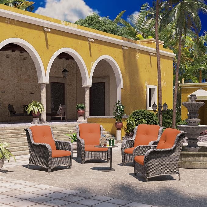 Outdoor Wicker Chair Rattan Patio Dining Chairs Set of 4 PE Wicker Patio Chairs with 3.5 inch Seat Cushions Patio Seating Chair for Garden, Backyard Swimming Pool, Balcony, Beige