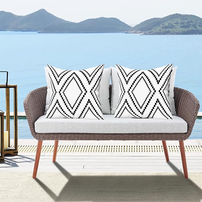 Outdoor Pillow Covers Set of 2, Waterproof Boho Throw Pillow Covers Geometric Pillow Cases for Patio Garden, White More (Black&White-02, 24x24 Inch)