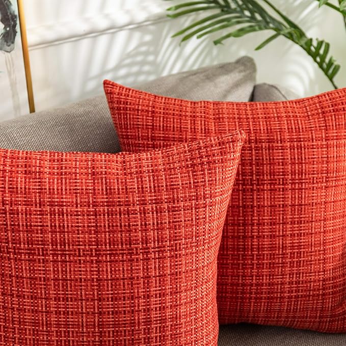 Kevin Textile Outdoor Waterproof 20x20 Inch Pillow Covers 2 Pack, Red | Water Resistant, Faux Linen Yarn-dyed, Woven Texture Throw Pillow Covers for Tent Patio Garden Couch Sofa