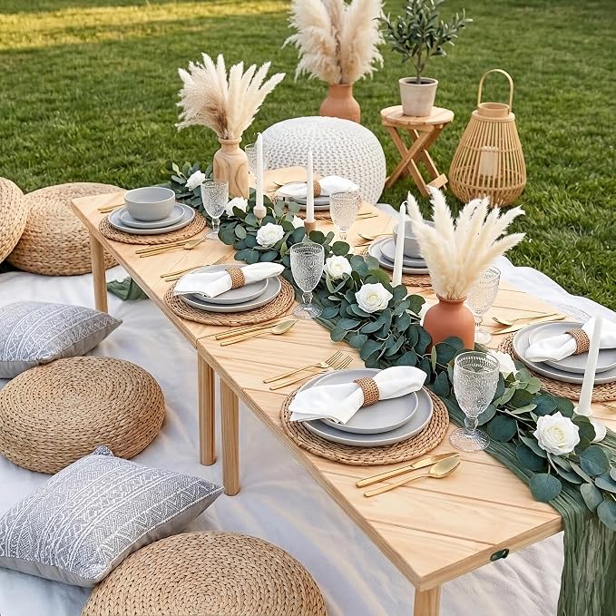 Wooden Folding Picnic Table - 60" x 30" Boho Low Picnic Table with Table Runner, Foldable Table for Indoor Outdoor Camping, Wedding, Beach, Garden, Party(Large Size for 6-8)