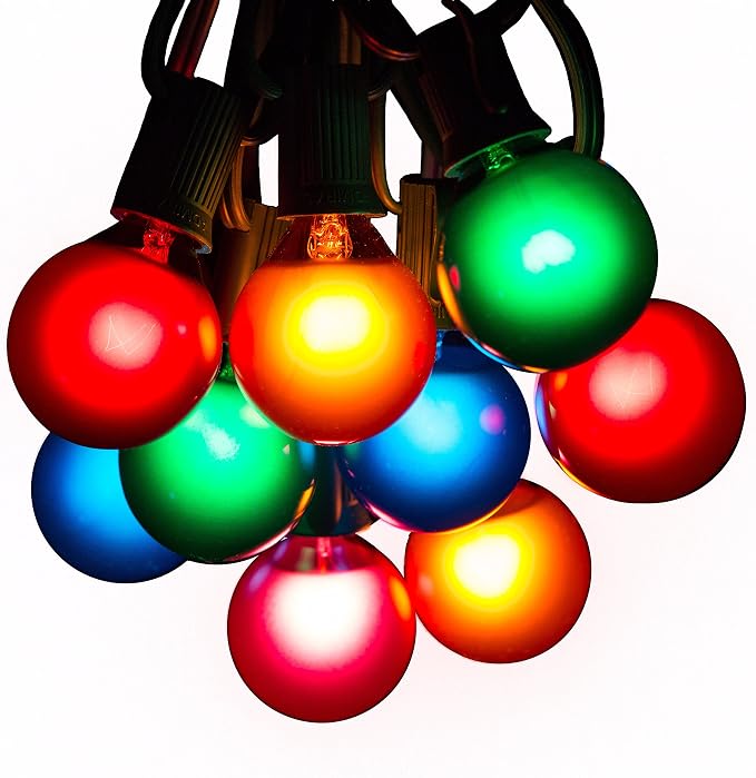 G40 Assorted Satin Pearl Colored String Lights (50 Foot – Green Wire) | G40 Assorted 1.6" Bulbs, Outdoor Globe Patio String Lights