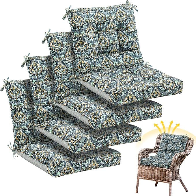 Marsui 4 Pcs Outdoor Indoor High Back Chair Cushions Patio Furniture Tufted Pillow with Ties Water-Resistant Replacement Outdoor Rocking Chair Cushions, 42 x 21 Inches (Blue,Paisley)