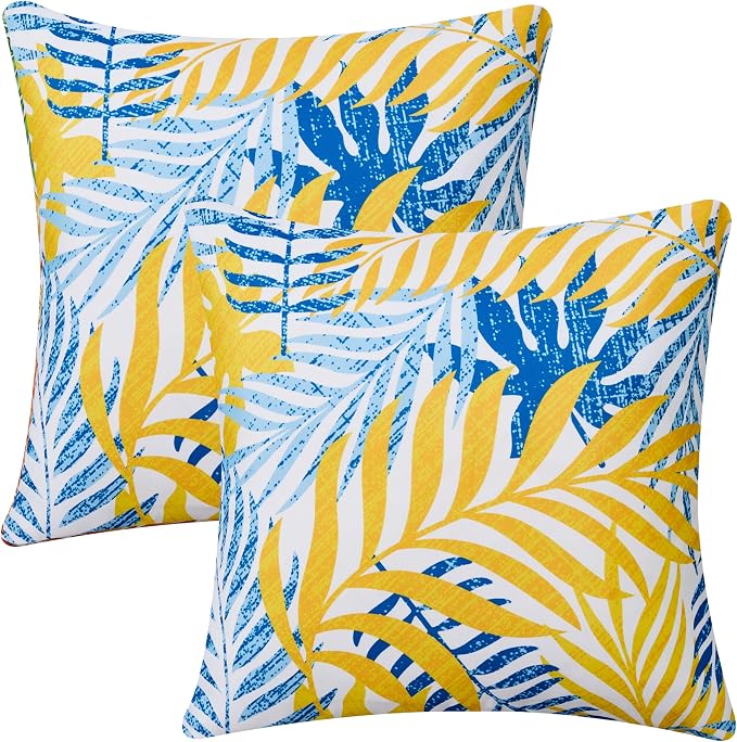 Allorry Outdoor Pillow Covers 18x18 Set of 2 Hawaii Tropics Palm Leaves Blue Yellow Floral Pattern Decoration Pillow Covers for Spring Summer Outdoor Waterproof Garden Patio Sofa Bed Decor JB010-D18