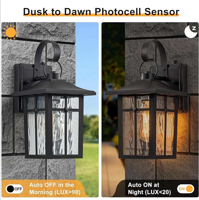 2 Pack Dusk to Dawn Outdoor Wall Lights, Black | Aluminum Exterior Light Fixtures Wall Mount, Ripple Glass, Waterproof Porch Lights, For Entryway, Garage, Patio