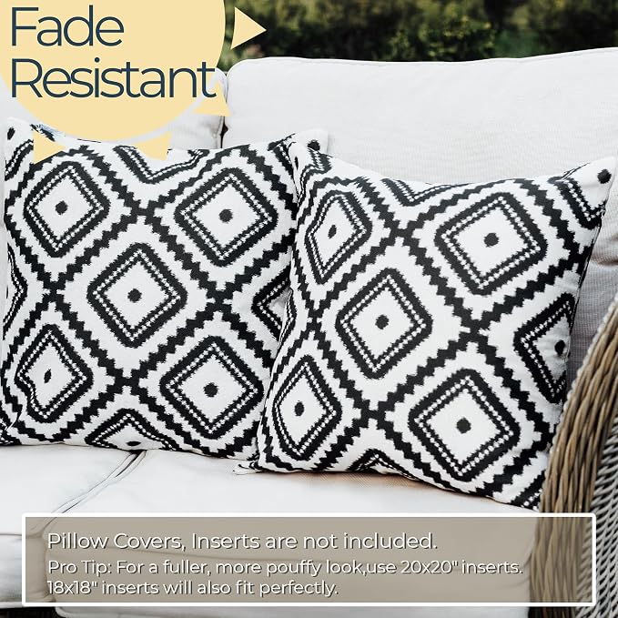 Outdoor Pillow Covers 2 Pack Patio Decorative Accent Throw Pillow Covers, Waterproof and Fade Resistant, Perfect for Summer Outdoors and Indoors, Geometric 18x18in Black and White