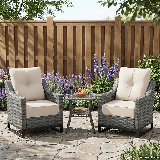 3 Pack Patio Furniture Set with 6" Thick Cushions, Dienspeak Rattan Wicker Patio Set with Two Outdoor Chairs and Table, High Back Rattan Chair with Comfy Cushions for for Porch, Garden Poolside Balcon