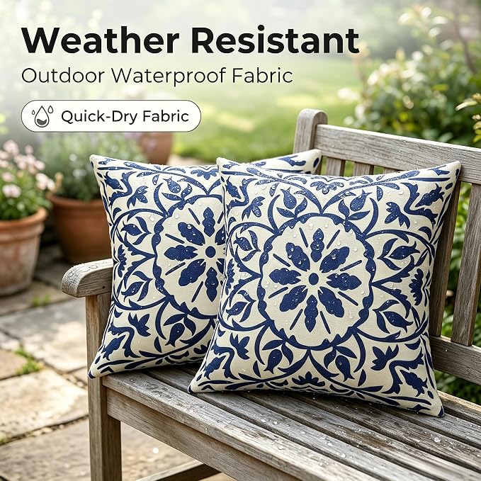 JMGBird 18x18 Blue Boho Outdoor Pillows Waterproof Outdoor Accent Pillows | outside pillows,outdoor throw pillows waterproof