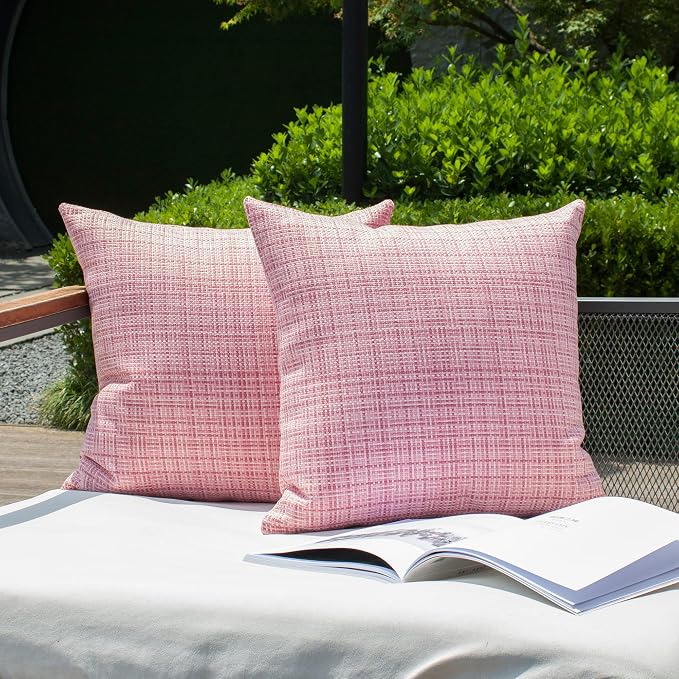 Kevin Textile Outdoor Waterproof 16x16 Inch Pillow Covers 2 Pack, Pink | Water Resistant, Faux Linen Yarn-dyed, Woven Texture Throw Pillow Covers for Tent Patio Garden Couch Sofa
