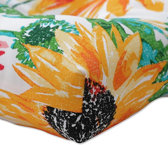 Pillow Perfect Bright Floral Indoor/Outdoor Tufted Wicker Seat Cushion With Ties, 2 Count, 15.5" x 16", Yellow/Green Sunflowers