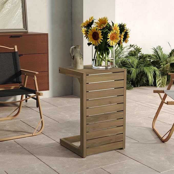 Outdoor C Shaped Side Table, Weather Resistant Acacia Wood Patio Side Table Coffee End Table for Garden Porch Lawn (Brown)