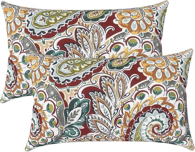 LVTXIII Outdoor/Indoor Lumbar Pillows, Decorative Patio Lumbar Cushions, Fluffy Fade Resistant Throw Pillow Cushions for Home Patio Coach Sofa, 12×20 Inch, Pack of 2, Paisley Chilli
