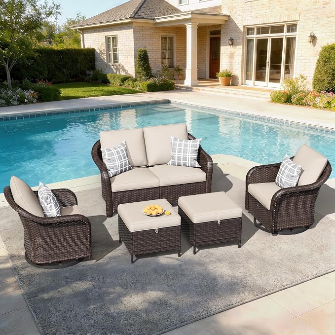 5 PCS Outdoor Conversation Set | 55" Couch, 2 Swivel Chairs, 2 Ottomans, Patio Wicker Conversation Furniture with Removable Cushions for Bistro, Deck, Sunroom (Beige)