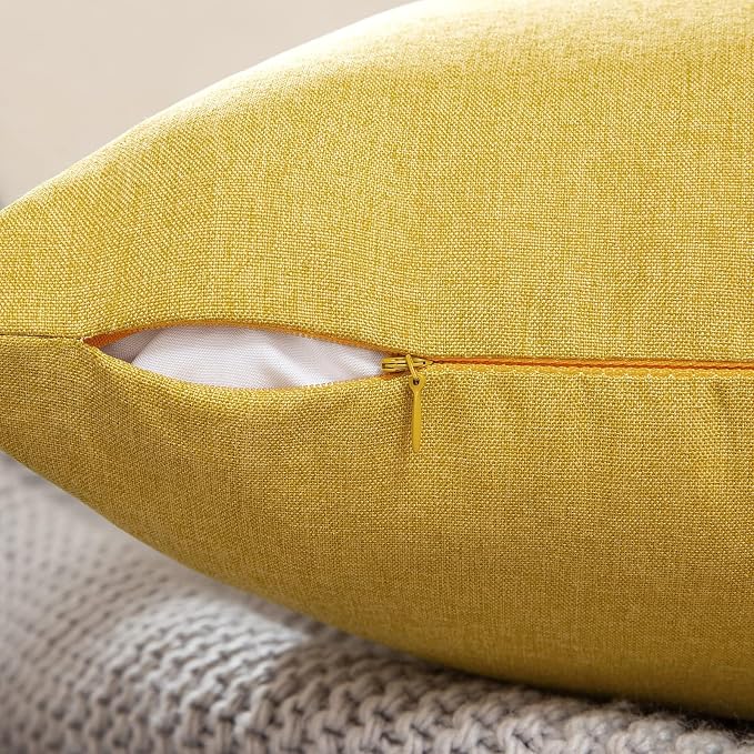 Outdoor Waterproof Throw Pillow Covers Yellow 16x16 Set of 2 | Decorative Farmhouse Linen Pillowcases Solid Cushion Cases for Patio Tent Balcony Couch Sofa Living Room
