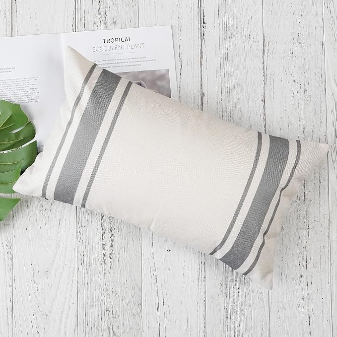 ONWAY Outdoor Pillow Covers Waterproof 12x20 Set of 2 Decorative Linen Throw Pillow Cover Beige and Grey Striped Outdoor Pillows for Patio Furniture
