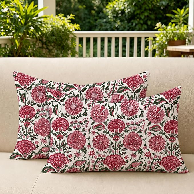 Allorry Outdoor Pillow Covers 12x20 Rose Pink Floral Outdoor Decor JB013D12 | Set of 2 Vintage Floral Block Print Pillow Cover,Farmhouse Boho Decorative for Spring Summer Outdoor Sofa Bedroom Decor