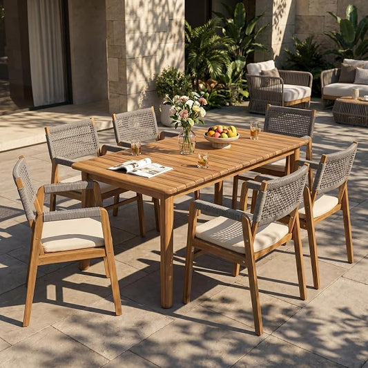 Christopher Knight Home Sky Acacia Wood Dining Table Set for 6, 7 Piece Patio Extendable Dining Table and Dining Chairs Set of 6 with Cushions & Rope Accents, Patio Furniture Set, Teak+Beige+Grey