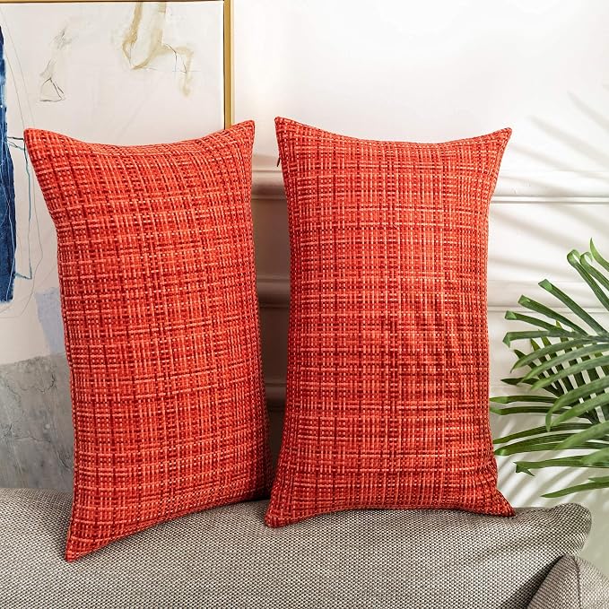 Kevin Textile Outdoor Waterproof 12"x20" Lumbar Pillow Covers 2 Pack, Red | Water Resistant, Faux Linen Yarn-dyed, Woven Texture Throw Pillow Covers for Tent Patio Garden Couch Sofa