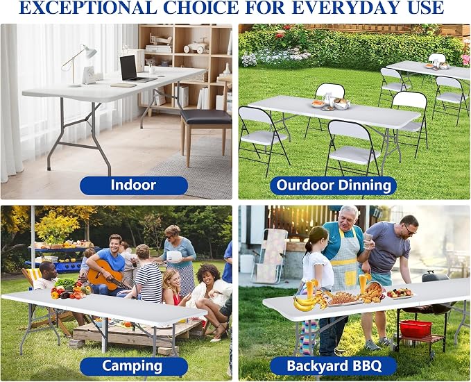 8FT Folding Tables – Heavy Duty Portable Foldable Picnic Table with Built-in Handle, 450 lb Capacity – Ideal for Events, Parties, Crafts, Camping & Dining (4-Pack, White)