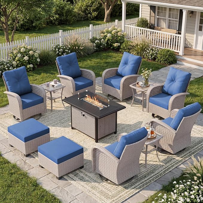 12-Piece Patio Furniture Set, Outdoor Swivel Rocking Chairs Set with 55,000 BTU Fire Pit Table,All Weather Conversation Set for Porch Poolside Balcony