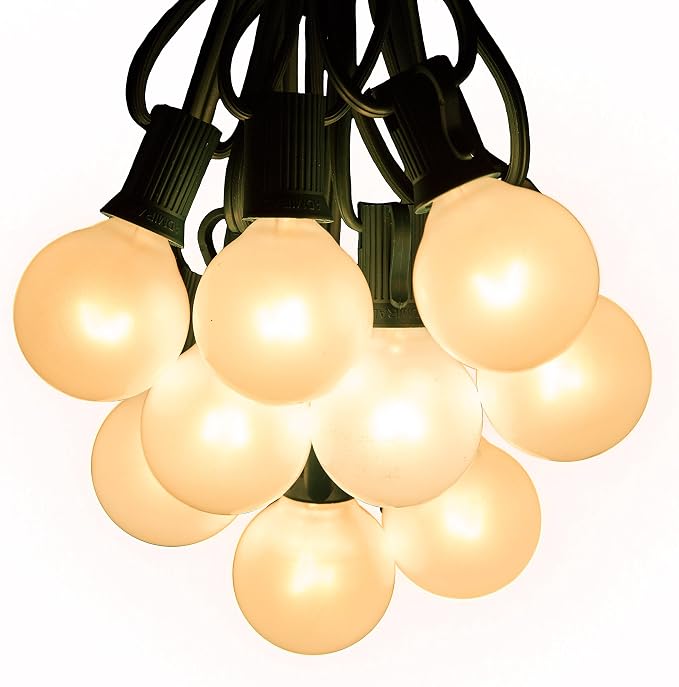 G40 White Pearl Outdoor Patio Globe String Lights (25 Foot - Green Wire) | G40 Frosted White Pearl 1.6" Bulbs