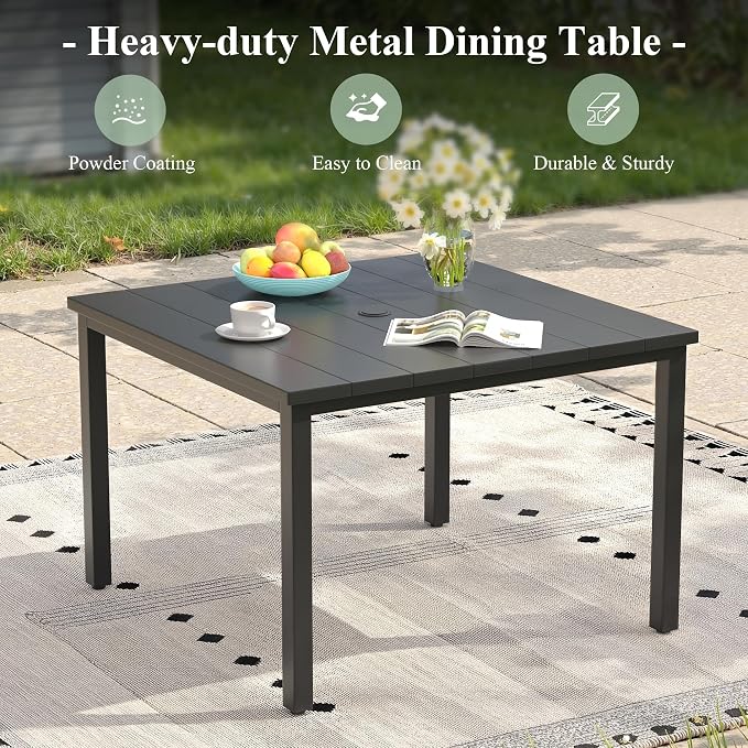 Patio Dining Set for 4, 40.2" Square Metal Table with Umbrella Hole and Stackable Wicker Patio Chairs, Outdoor Furniture Set for Deck Backyard Garden, Walnut Chairs, Black Table