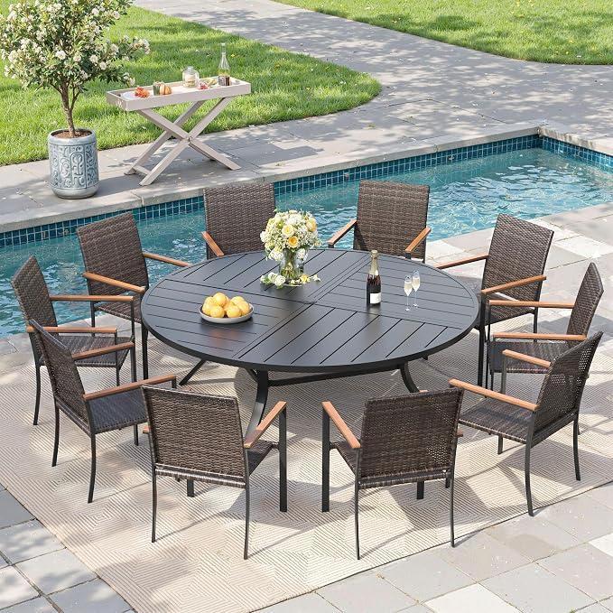 Round Patio Dining Set for 10, Outdoor Furniture Set of 63 Round Metal Table with Umbrella Hole and Stackable Wicker Patio Chairs for Backyard Lawn Garden, Walnut Chairs, Black Table