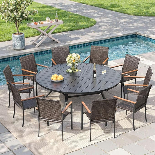 Round Patio Dining Set for 10, Outdoor Furniture Set of 63 Round Metal Table with Umbrella Hole and Stackable Wicker Patio Chairs for Backyard Lawn Garden, Walnut Chairs, Black Table