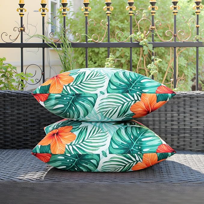 Outdoor Pillow Covers 20x20 Inch Set of 2, Tropical Floral Plants Modern Throw Pillows Cases Waterproof Square Garden Cushion Sham for Patio Funiture Tent Balcony Bench Sofa Couch, Pink Green