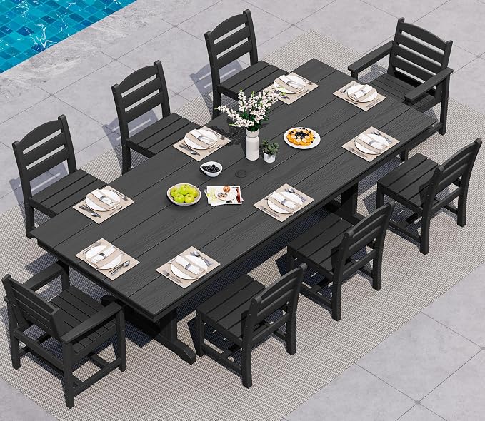 SERWALL 9 Piece Outdoor Dining Set, 84" HDPE Outdoor Table with 6 Armless Chairs and 2 Armchairs ，All Weather Patio Dining Furniture Set with Umbrella Hole for Backyard, Garden, Black